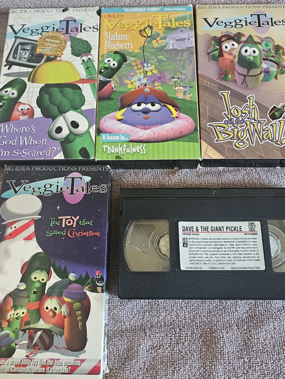5 VTG VeggieTales VHS tapes Dave & Giant Pickle, Josh & Big Wall, Madame Blueber